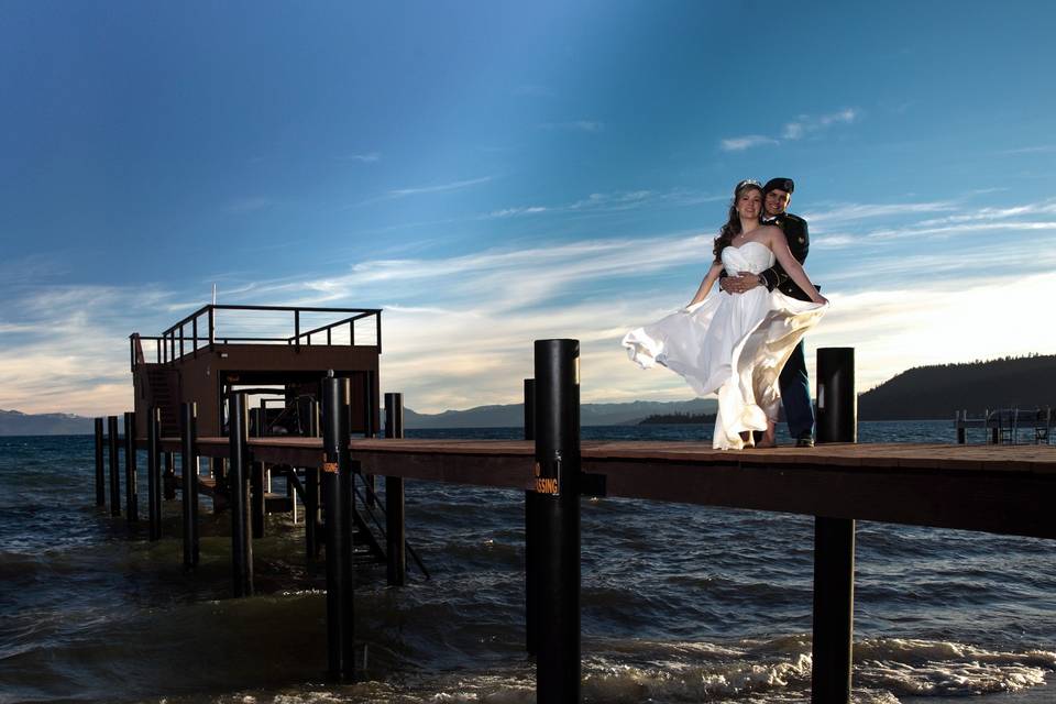 Incline village, lake tahoe. Bride and groom sunset.