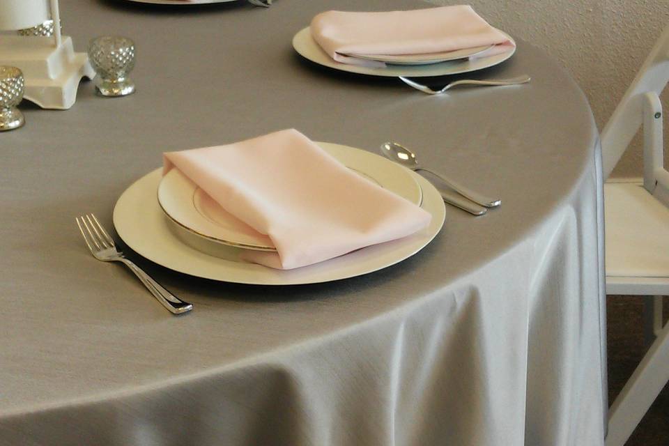Silver dupioni table cover, white charger plate, white and silver china, shell pink napkin.Rental items from Lake Party Rentals, Lake of the Ozarks, MO.