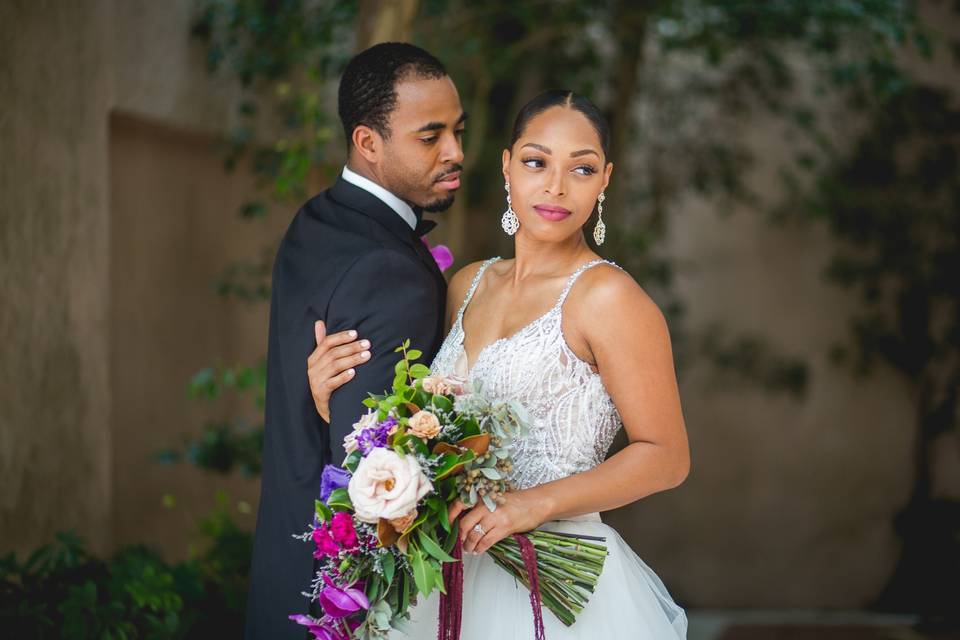 Bride and Groom and fuschi Bou