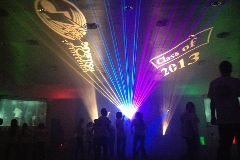 Full Color laser, monogram, smoke machine, moving head lighting, music video.