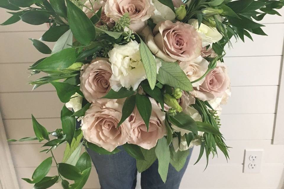 Roses, lisianthus and lots of greenery