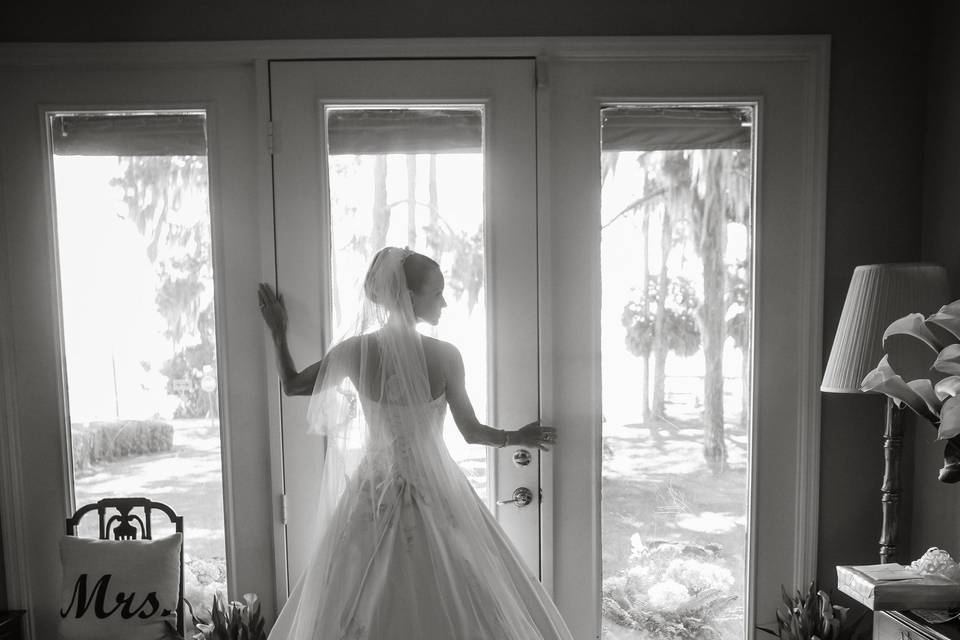 Bride looking out the door