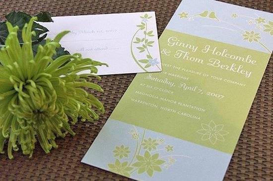 A pair of lovebirds perch on a branch up high, content to be alone together. The sweet Lovebirds Invitation employs fresh colors and a lovely script to hint at the joyful marriage ahead of you.