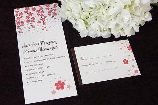 Cherry blossoms float gracefully down the page in this design, just as you will float gracefully down the aisle. The Sakura Invitation will charm your guests with its soft, delicate beauty.