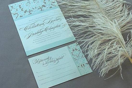 When you think of the Palace of Versailles, images of grandeur, refinement, and extravagance spring to mind. The rich, antique damask pattern and elaborate script font of the Versailles Invitation combine to form a stylish impression that will set the tone for your elegant wedding.