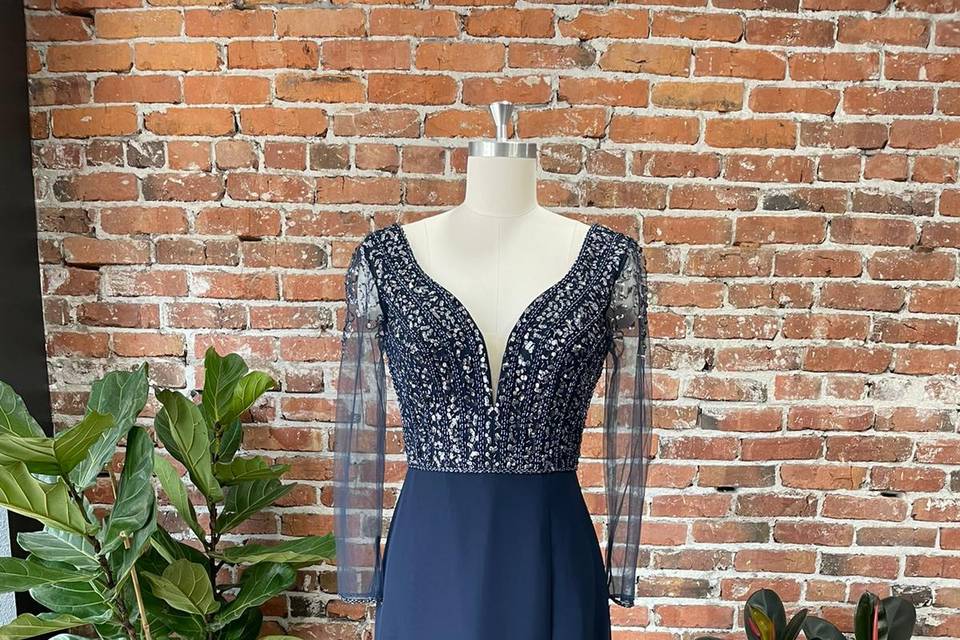 Long navy with beaded sleeves