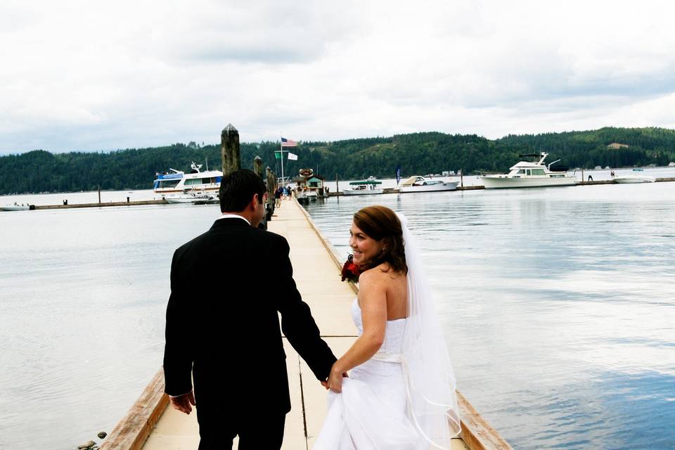 Alderbrook Resort - bride & groom walking on the dock