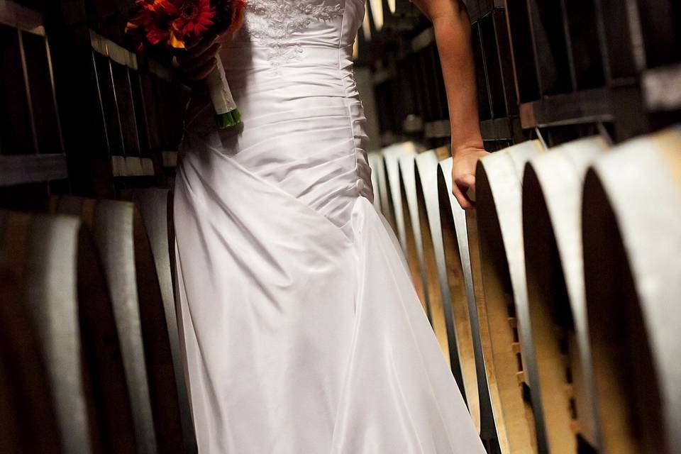 Novelty Hill-Januik Winery - bride in barrel room