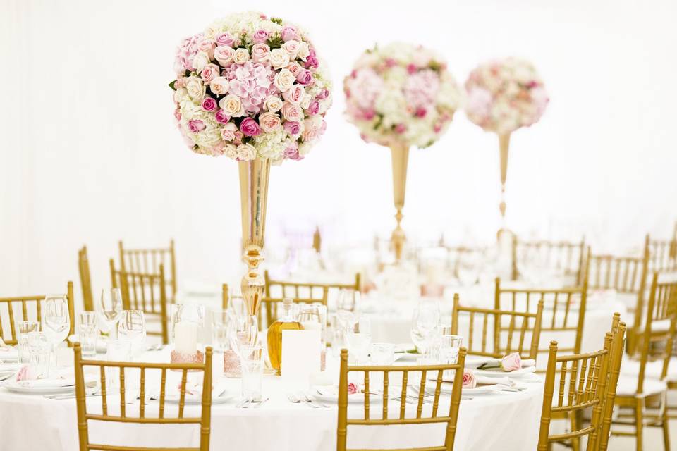 Gold Trumpet Vases with Pink Floral Arrangements