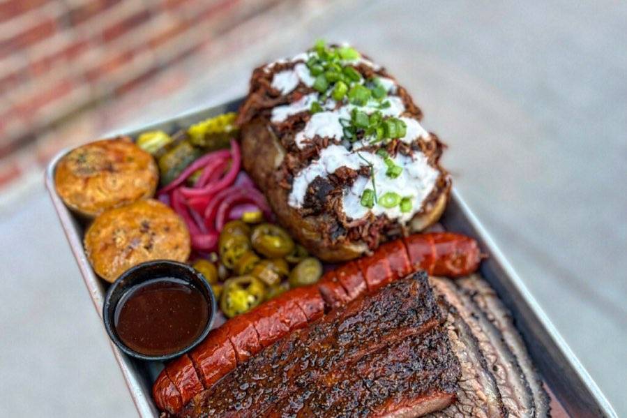 Bbq platter with loaded potato
