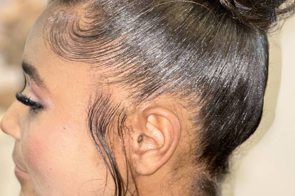 High bun with pin curl and sid