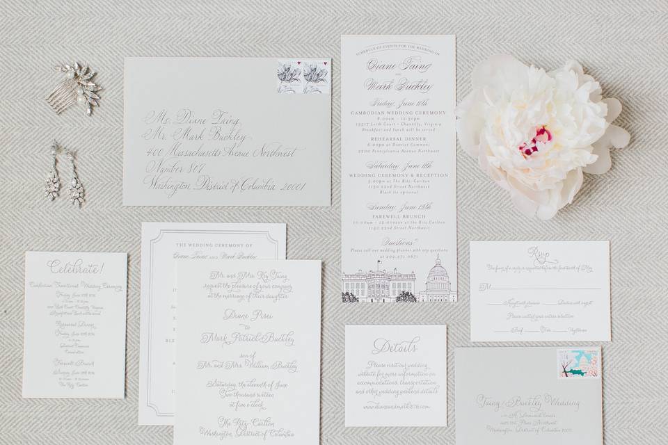 Flourishing Penguin script letterpress white and grey invitations