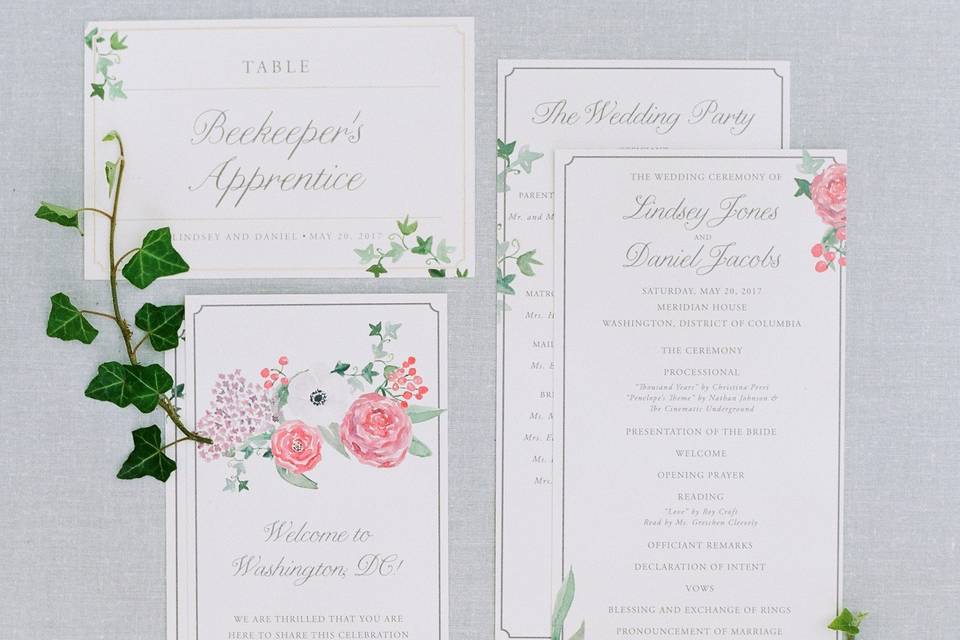 Flourishing Penguin watercolor florals menu, table numbers, programs and personalized bookmark escort cards