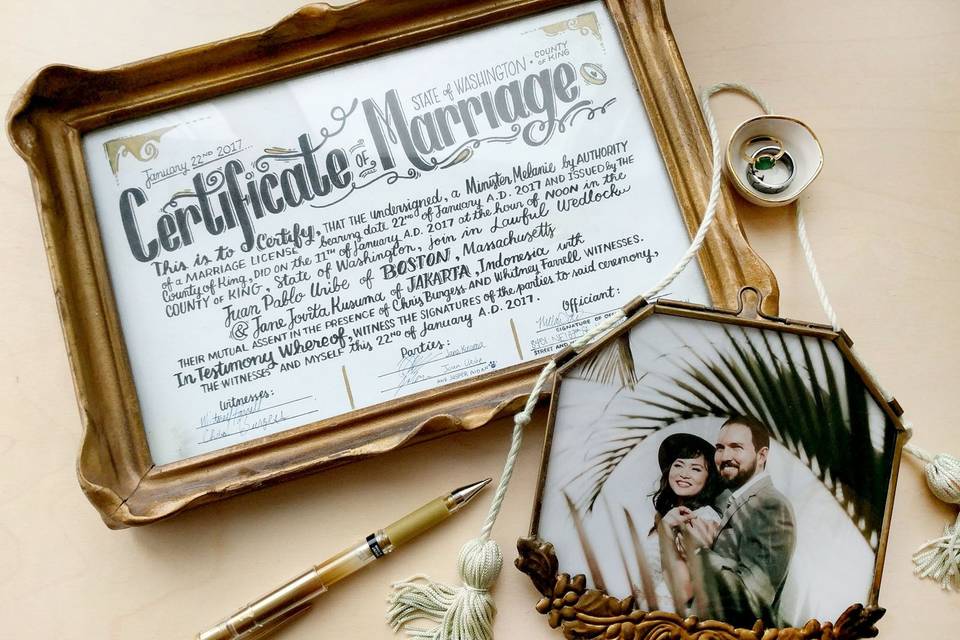 Certificate of marriage framed in gold