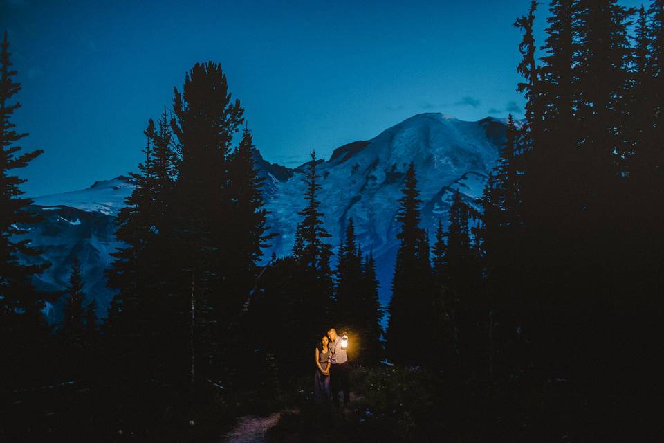 Twilight during an Adventure Engagement session on Mt. Rainier.