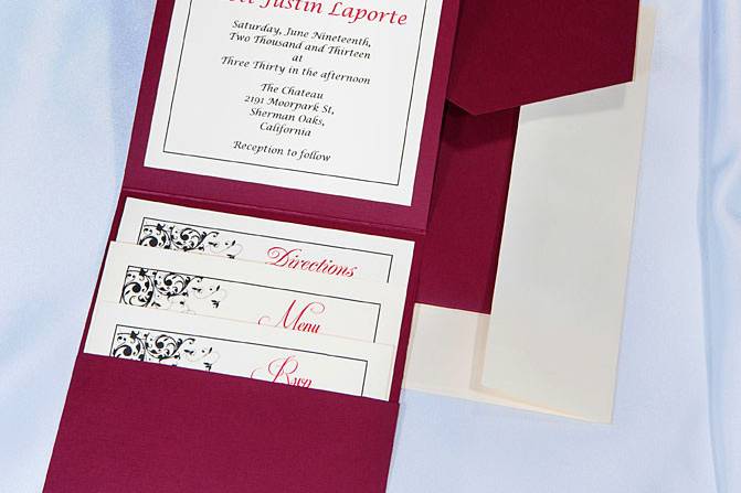 Beautiful Burgundy Elegance All In One Kit, everything you need for the perfect invitation. Use our downloadable templates and kits, combine with your creativity and ink jet home printer and you save enough to splurge elsewhere. Gorgeous quality equals impressive results.