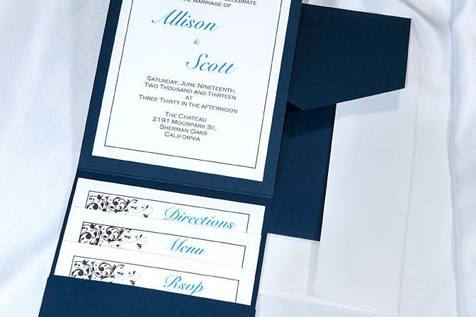 Beautiful Navy Blue Elegance All In One Kit, everything you need for the perfect invitation. Use our downloadable templates and kits, combine with your creativity and ink jet home printer and you save enough to splurge elsewhere. Gorgeous quality equals impressive results.