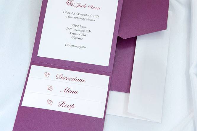 Beautiful Purple Elegance All In One Kit, everything you need for the perfect invitation. Use our downloadable templates and kits, combine with your creativity and ink jet home printer and you save enough to splurge elsewhere. Gorgeous quality equals impressive results.