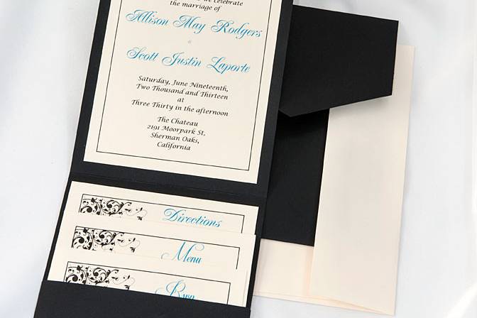 Beautiful Black Elegance All In One Kit, everything you need for the perfect invitation. Use our downloadable templates and kits, combine with your creativity and ink jet home printer and you save enough to splurge elsewhere. Gorgeous quality equals impressive results.