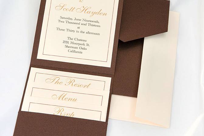 Beautiful Bronze Elegance All In One Kit, everything you need for the perfect invitation. Use our downloadable templates and kits, combine with your creativity and ink jet home printer and you save enough to splurge elsewhere. Gorgeous quality equals impressive results.