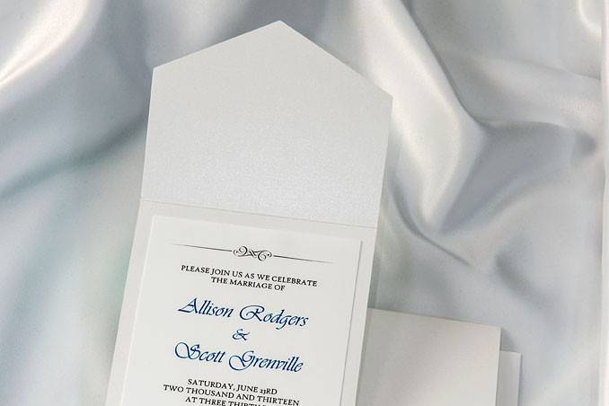 Beautiful White Elegance All In One Kit, everything you need for the perfect invitation. Use our downloadable templates and kits, combine with your creativity and ink jet home printer and you save enough to splurge elsewhere. Gorgeous quality equals impressive results.