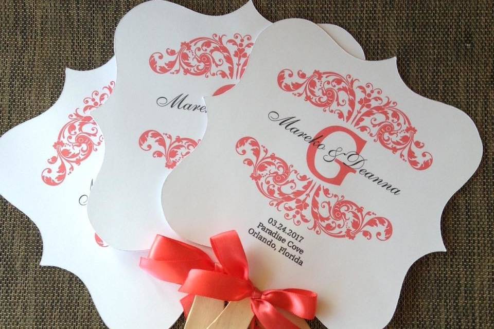 Coral bracket shaped wedding program fan