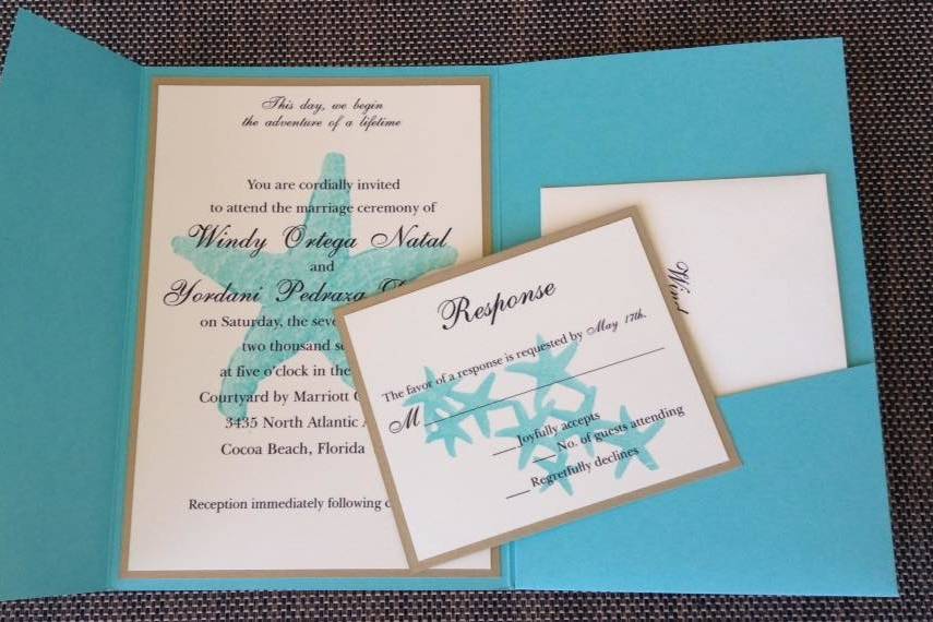 Beach themed wedding invitation and rsvp insert