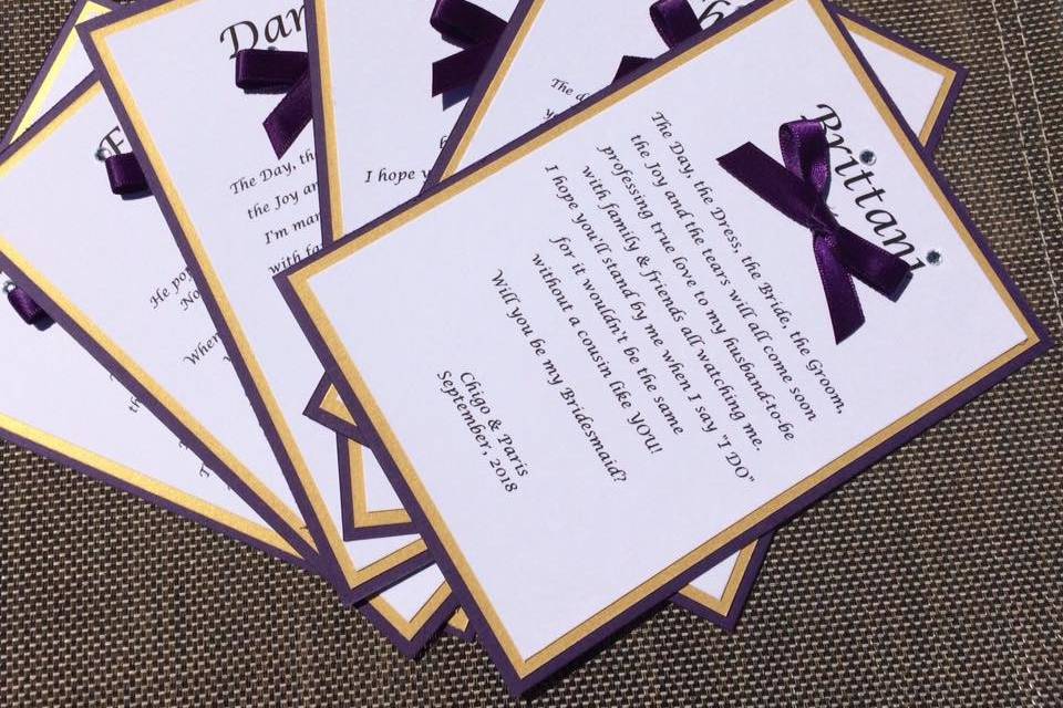 Purple and gold will you be my bridesmaid card