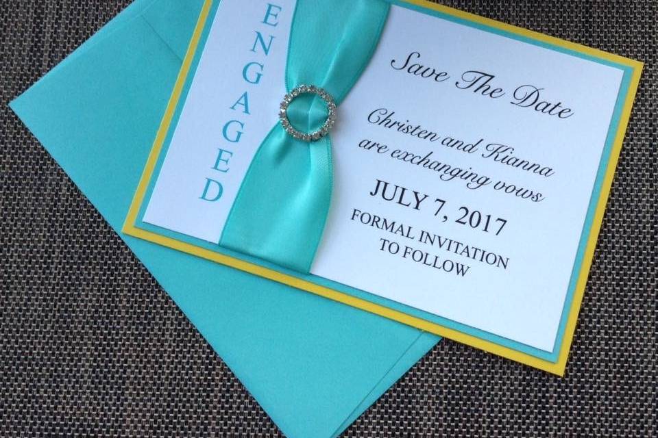 Turquoise and yellow wedding save the date