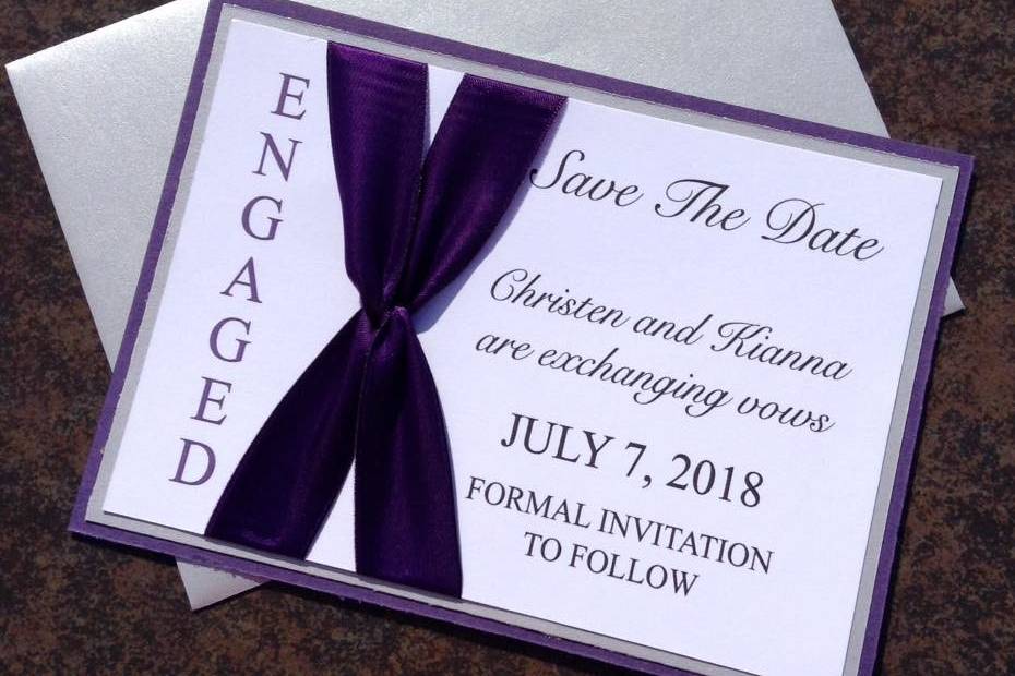 Dark purple and silver wedding save the date.  Coordinating invitation available