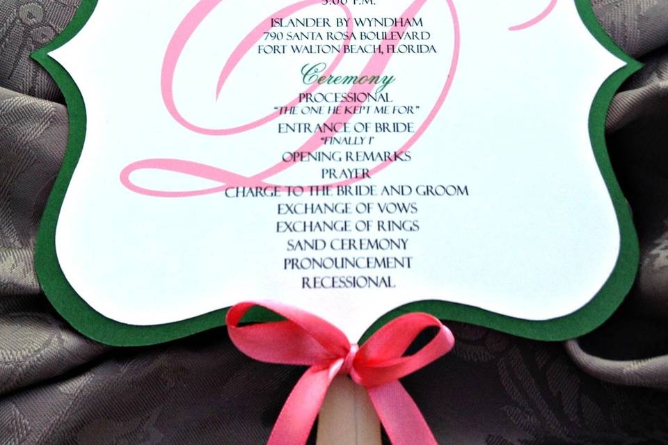 Coral and green bracket shaped wedding program fan