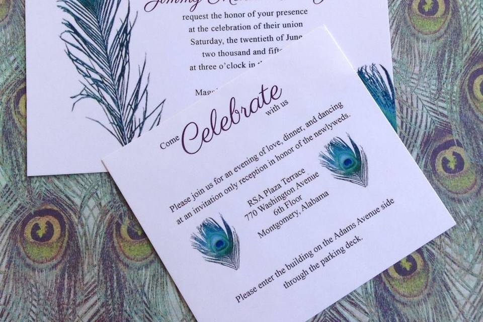 Peacock themed wedding invitation and insert