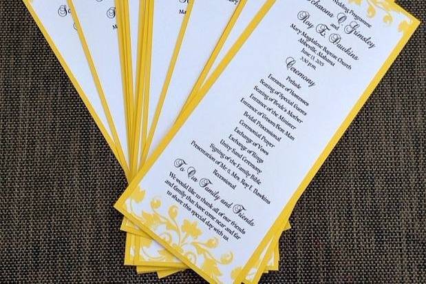 Canary yellow two sided wedding program