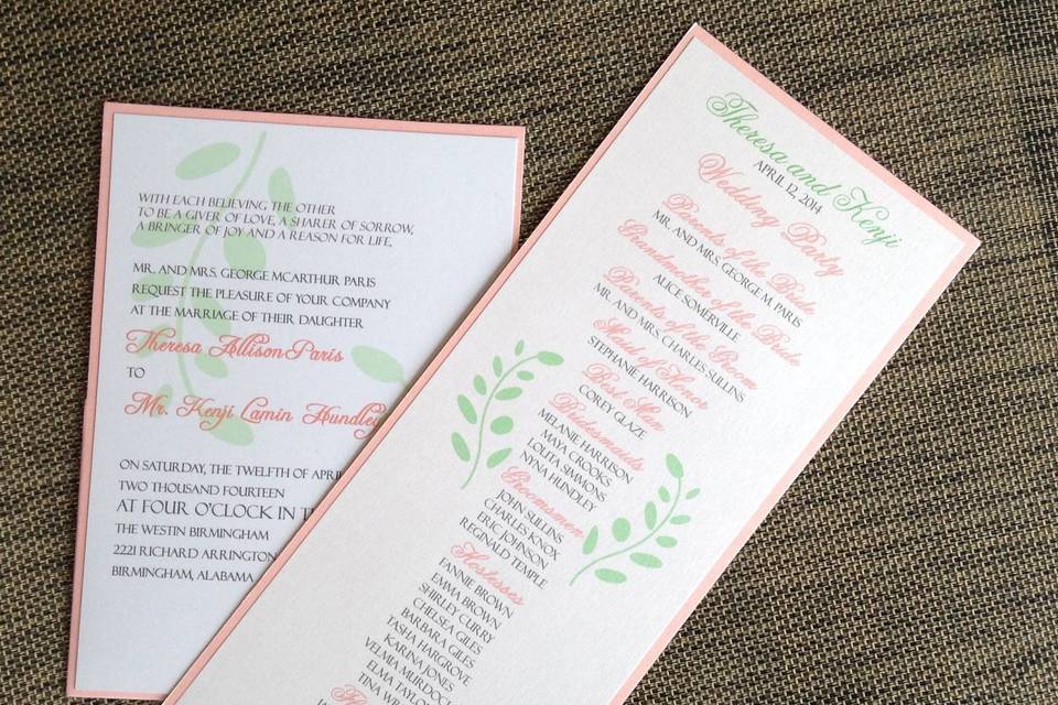 Pink and green wedding invitation and coordinating two sided program