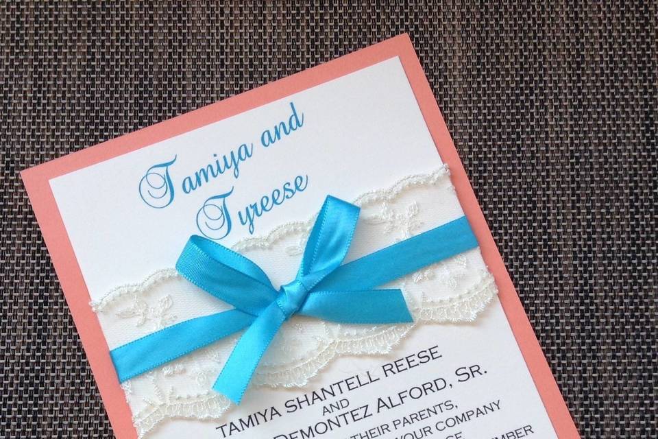 Coral and turquoise wedding invitation