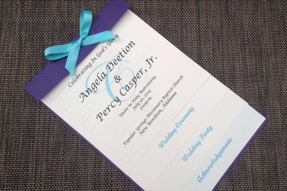 Four layered turquoise and dark purple wedding program