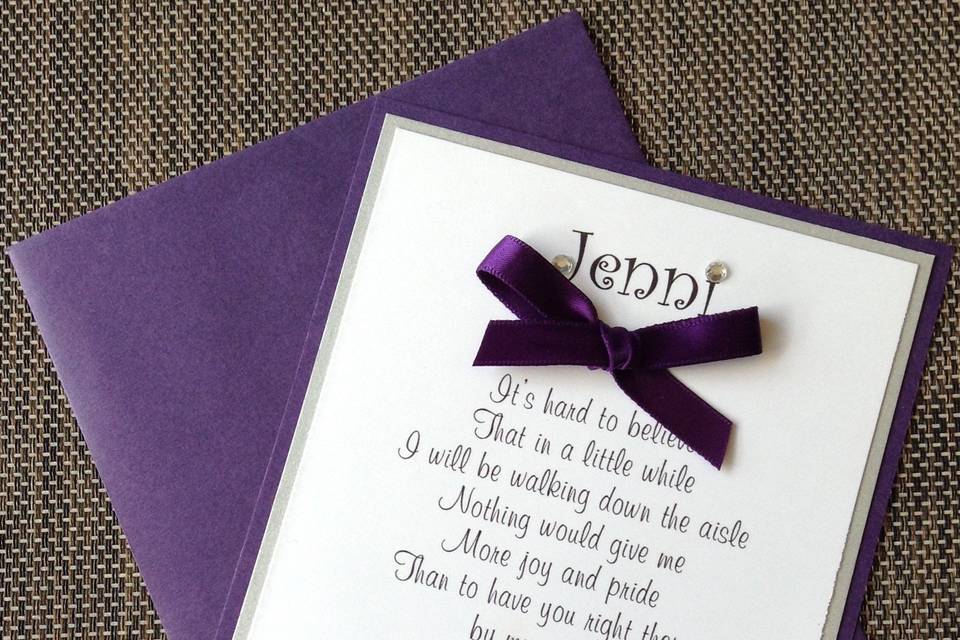 Dark purple and silver will you be my bridesmaid card, complete with coordinating dark purple