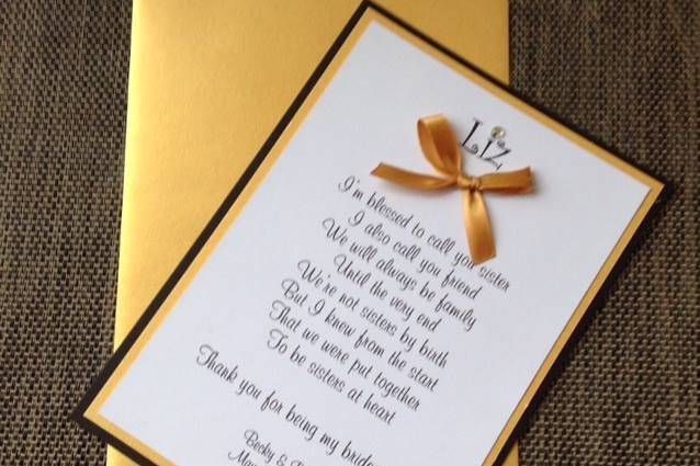 Black and gold bridesmaid card, with coordinating metallic gold envelope