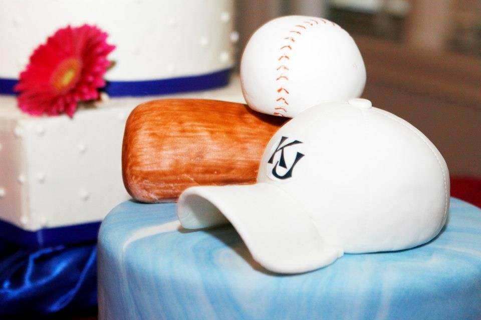 Baseball Theme Groom's Cake with Bat, Ball, & Cap with Couple's Initials