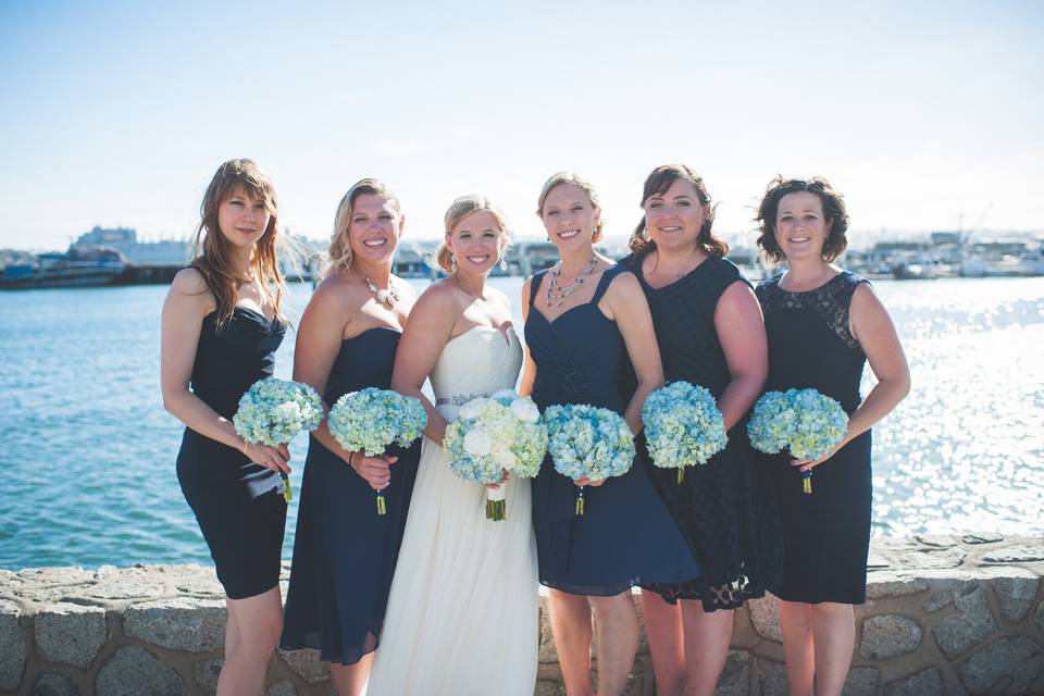 Hydrangeas in blue and green for the bridesmaids.  The bride's bouquet has white peonies in addition to these hydrangeas.