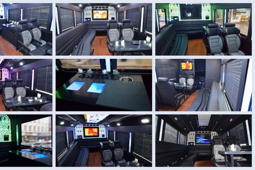 14 pass Limo party bus collage