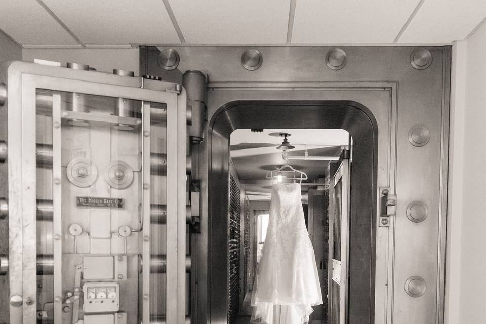 Dress hanging on vault door
