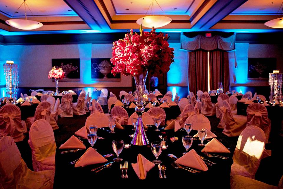 Reception dinner table layouts and elaborate decor