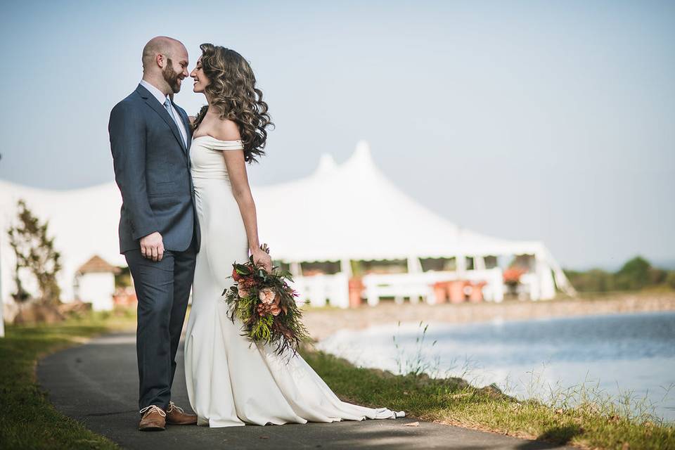 Bride and groom by the sea