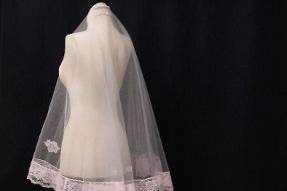 Oyster Gray chapel length veil with Pale Pink lace trim