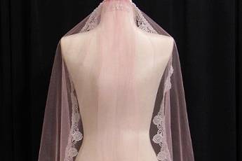 Light Pink sparkly veil with Silver lace trim