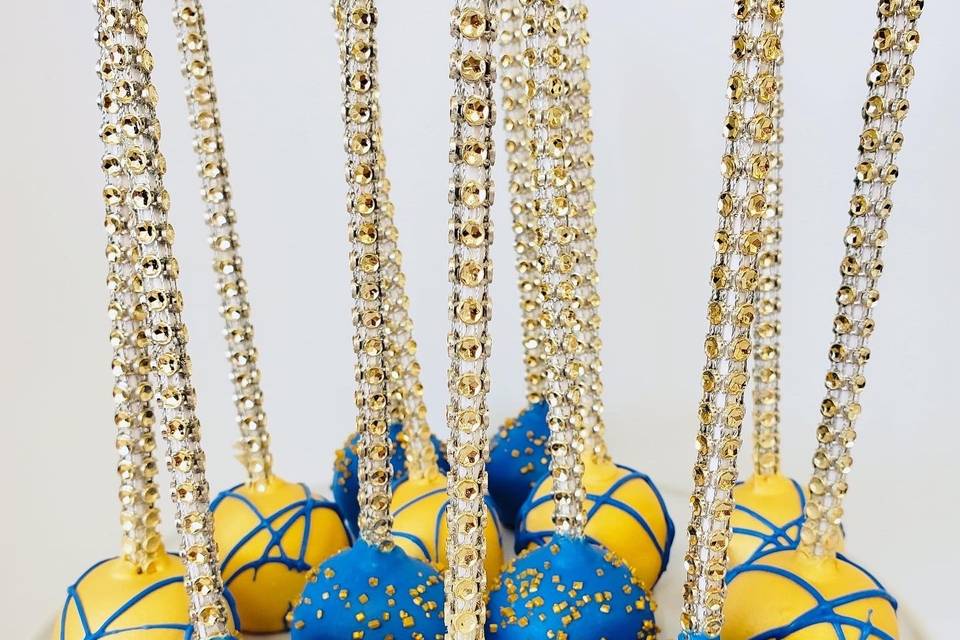 Blue and gold bling cake pops