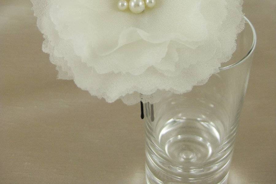 Silk organza flower hair pin with ruffled edges and Swarovski pearl center