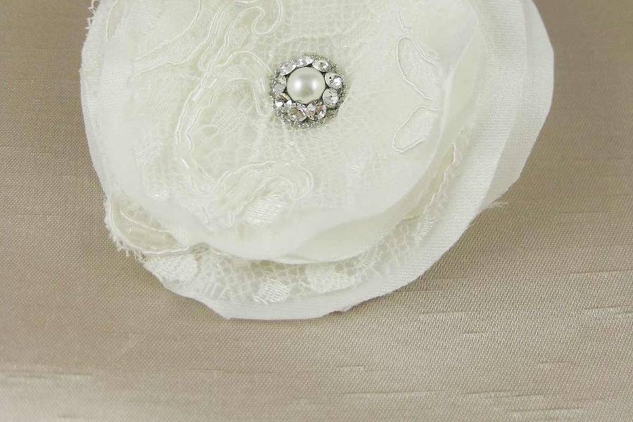 Satin and lace flower hair pin with vintage inspired Swarovski pearl and rhinestone brooch center