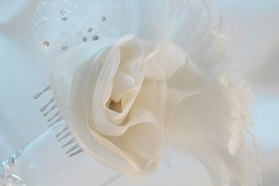 Bridal fascinator with silk rose, feathers, netting with rhinestones